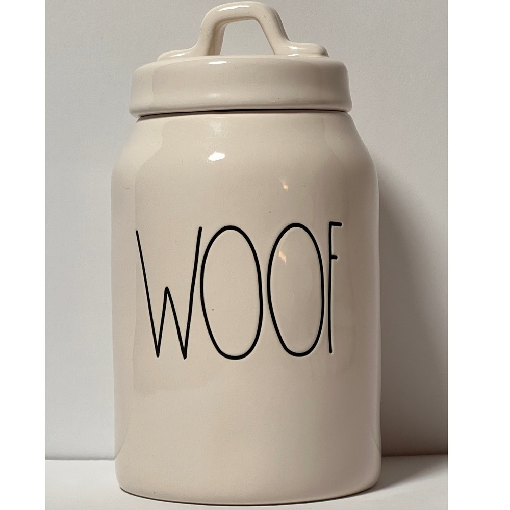 Rae Dunn Pet Treat Canister Dog WOOF Cream Ceramic Farmhouse Jar Lid